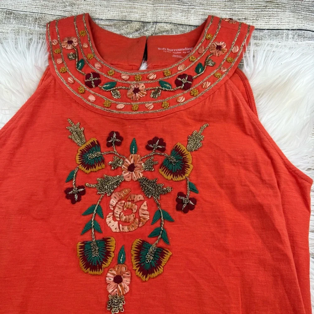 SOFT SURROUNDINGS LIDAH DRESS FLORAL EMBROIDERED FIERY ORANGE - Picture 6 of 10